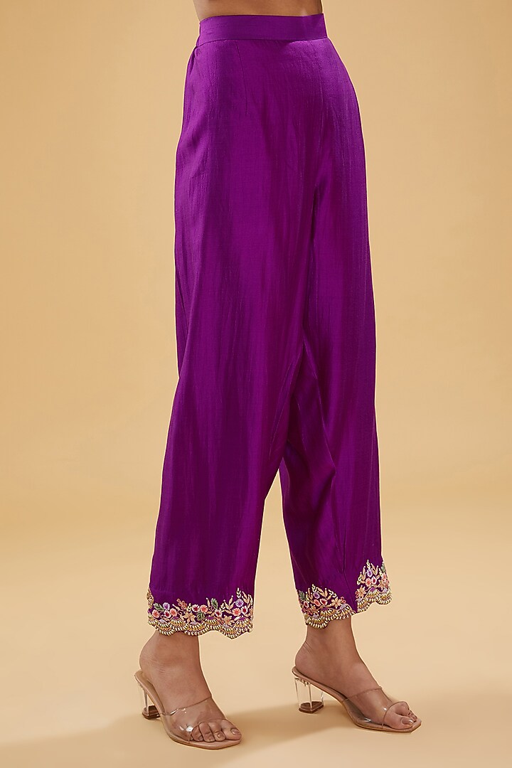 Purple Pure Kora Silk Resham Embroidered Leheriya Kurta Set by SURBHI SHAH at Pernia's Pop Up Shop