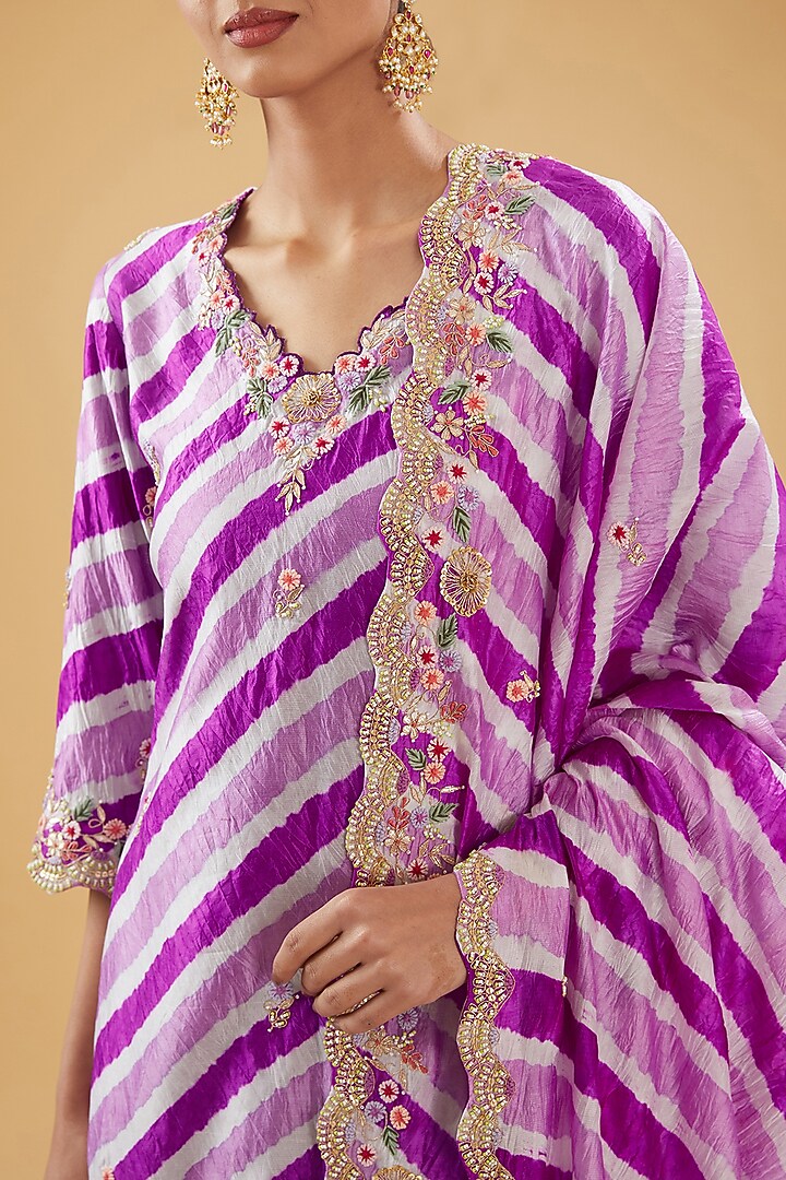Purple Pure Kora Silk Resham Embroidered Leheriya Kurta Set by SURBHI SHAH at Pernia's Pop Up Shop