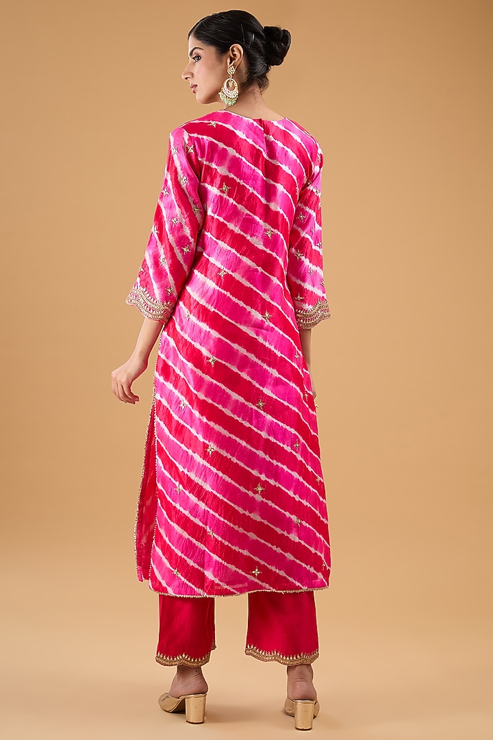 Fuchsia Pure Spun Silk Marori Work Leheriya Kurta Set by SURBHI SHAH at Pernia's Pop Up Shop