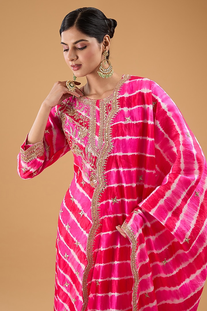 Fuchsia Pure Spun Silk Marori Work Leheriya Kurta Set by SURBHI SHAH at Pernia's Pop Up Shop
