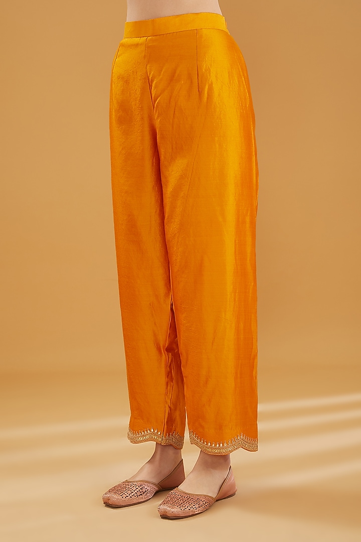 Yellow Pure Kora Silk Marori Embroidered Kurta Set by SURBHI SHAH at Pernia's Pop Up Shop