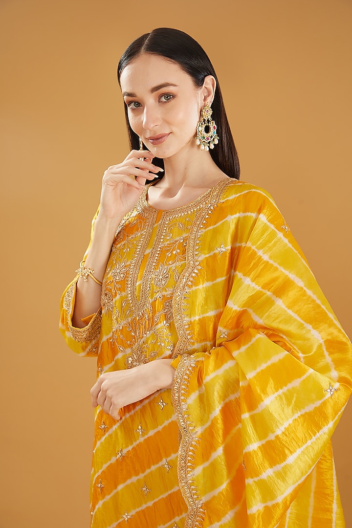 Yellow Pure Kora Silk Marori Embroidered Kurta Set by SURBHI SHAH at Pernia's Pop Up Shop