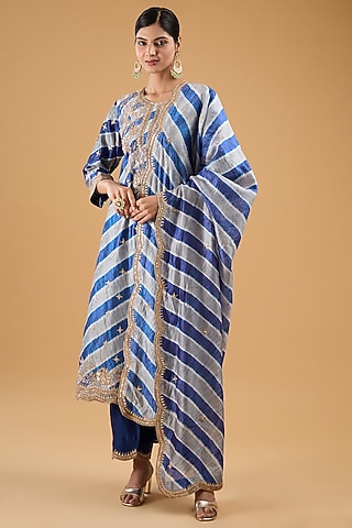 Blue Pure Spun Silk Marori Work Leheriya Kurta Set by SURBHI SHAH