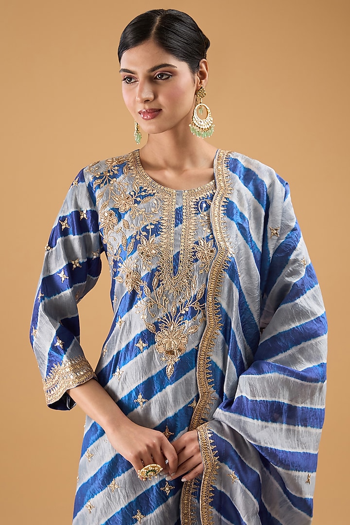 Blue Pure Spun Silk Marori Work Leheriya Kurta Set by SURBHI SHAH at Pernia's Pop Up Shop