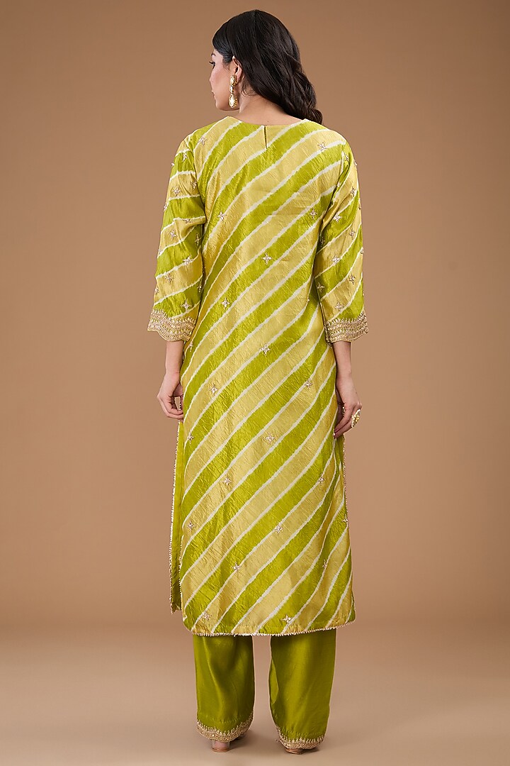Lime Pure Spun Silk Mukaish Work Leheriya Kurta Set by SURBHI SHAH at Pernia's Pop Up Shop