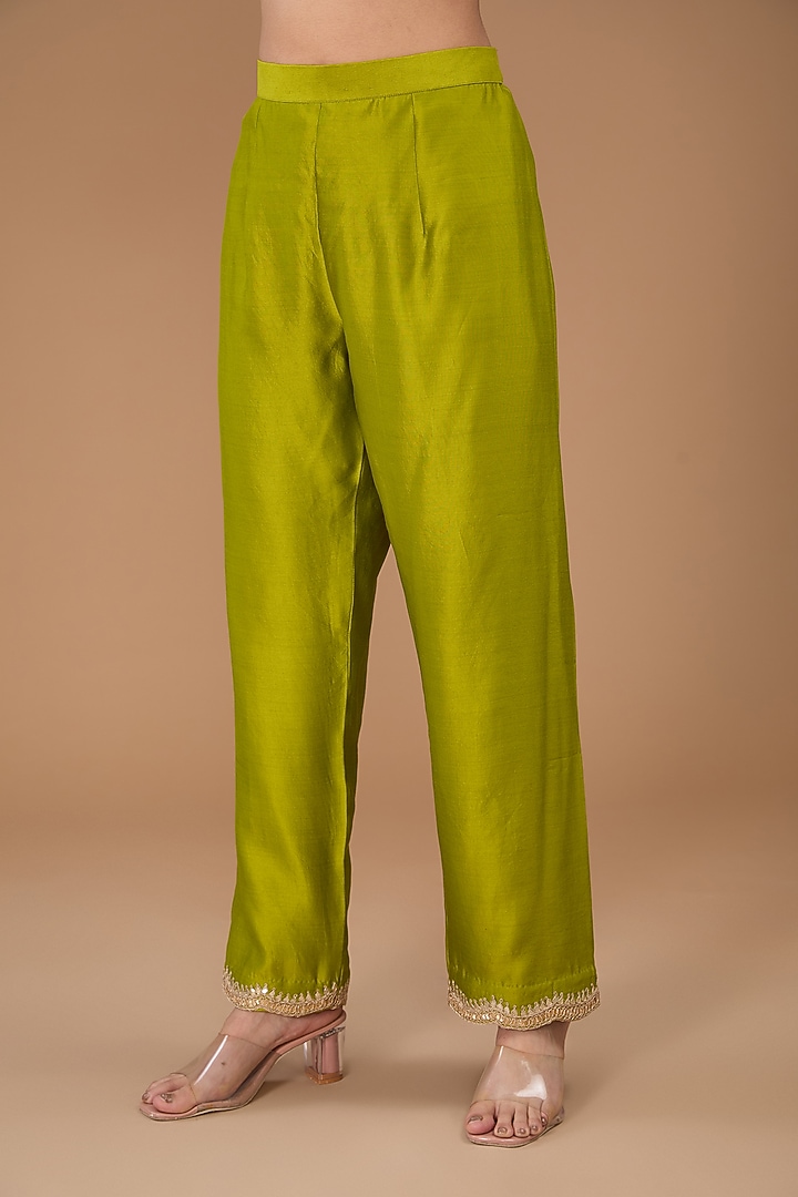 Lime Pure Spun Silk Mukaish Work Leheriya Kurta Set by SURBHI SHAH at Pernia's Pop Up Shop