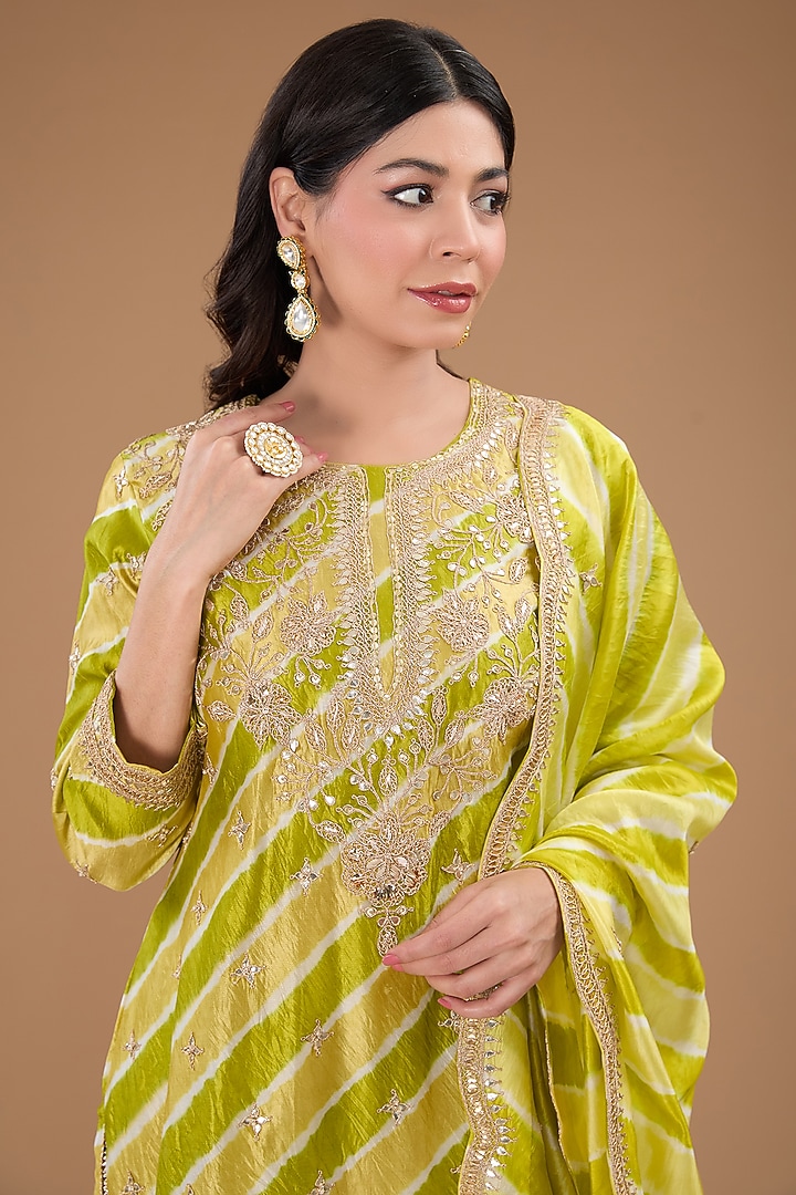 Lime Pure Spun Silk Mukaish Work Leheriya Kurta Set by SURBHI SHAH at Pernia's Pop Up Shop