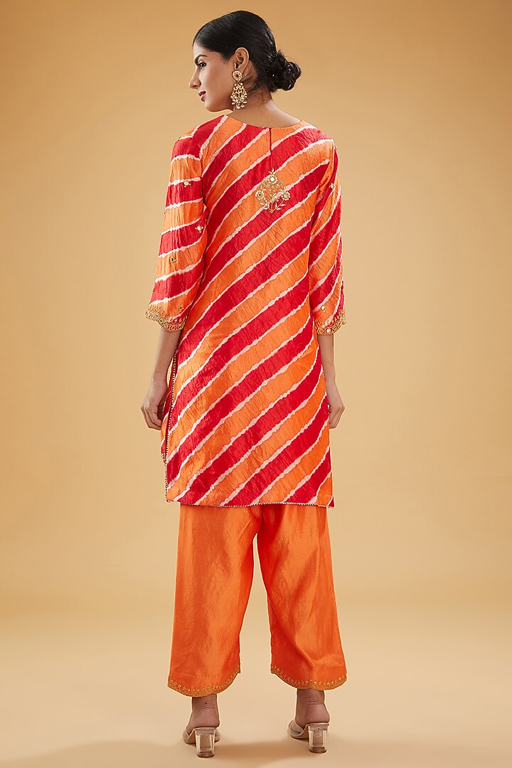 Orange Pure Kora Silk Mirror Embroidered Leheriya Kurta Set by SURBHI SHAH at Pernia's Pop Up Shop