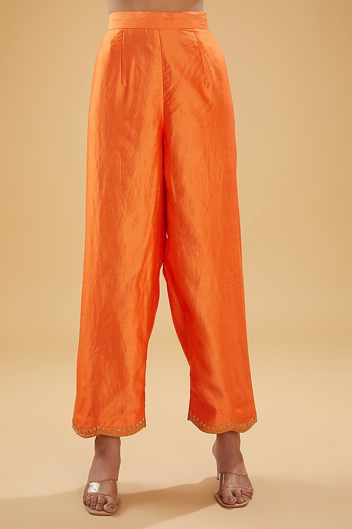 Orange Pure Kora Silk Mirror Embroidered Leheriya Kurta Set by SURBHI SHAH at Pernia's Pop Up Shop