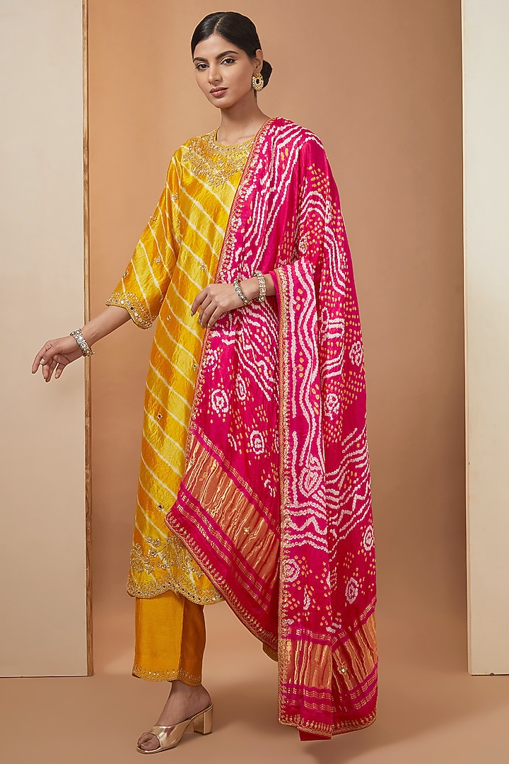 Mustard Yellow Pure Kora Silk Mirror Embroidered Leheriya Kurta Set by SURBHI SHAH at Pernia's Pop Up Shop