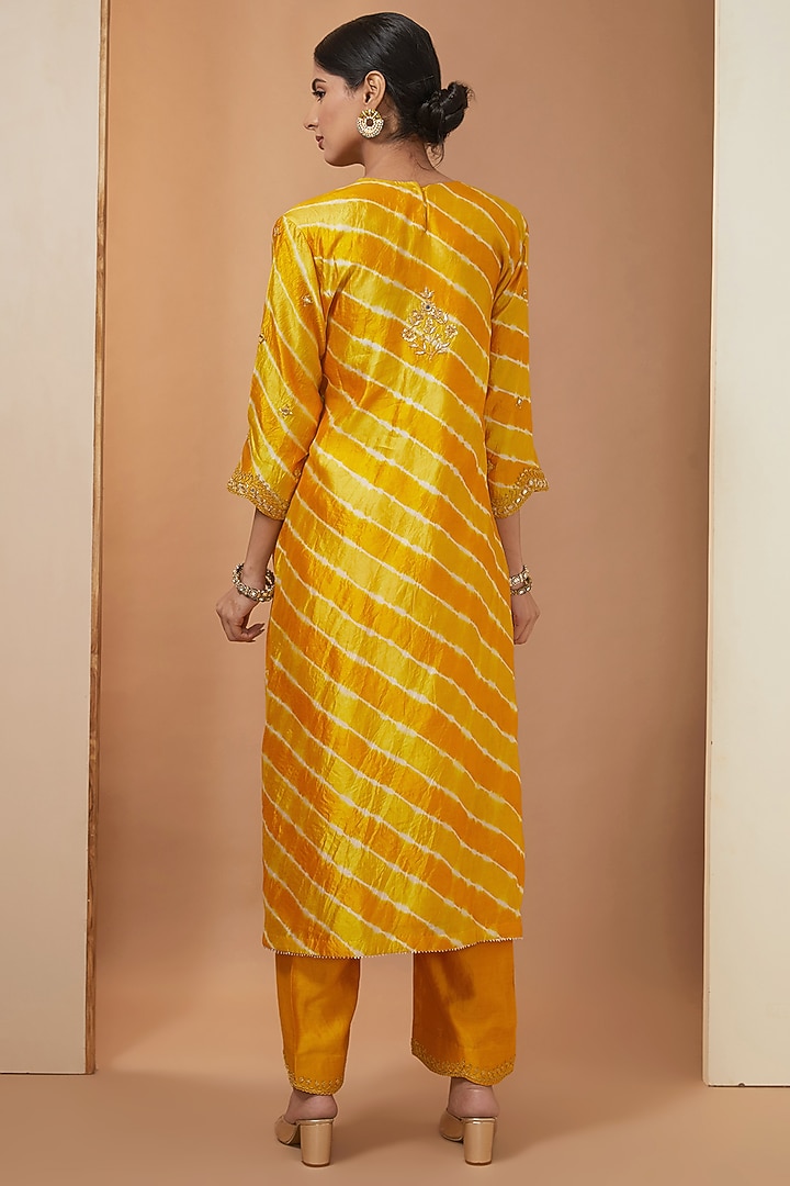Mustard Yellow Pure Kora Silk Mirror Embroidered Leheriya Kurta Set by SURBHI SHAH at Pernia's Pop Up Shop