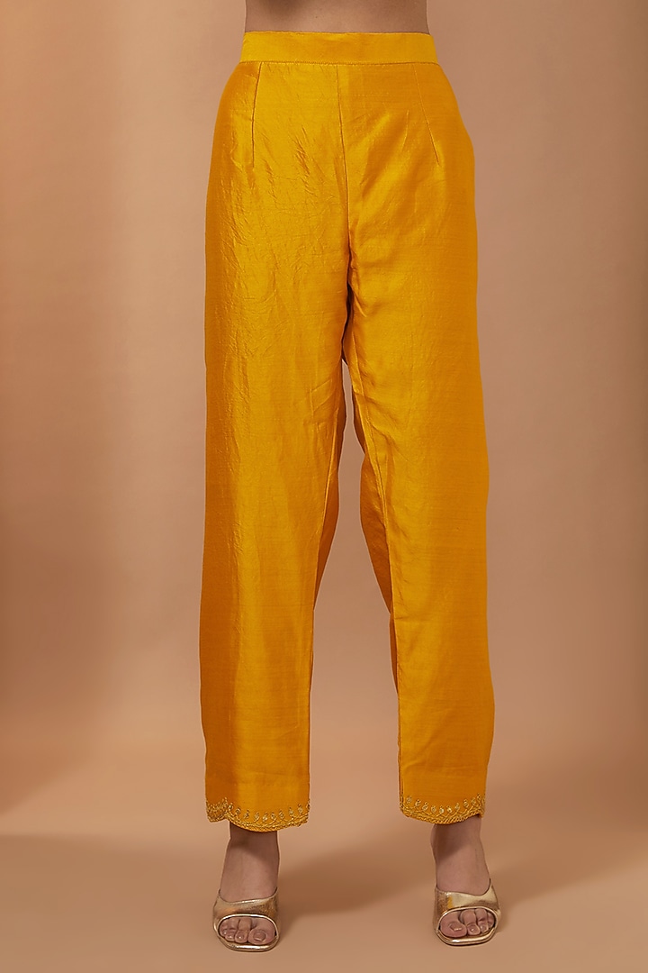 Mustard Yellow Pure Kora Silk Mirror Embroidered Leheriya Kurta Set by SURBHI SHAH at Pernia's Pop Up Shop