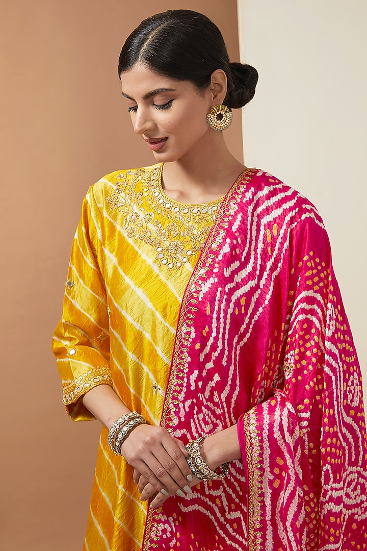 Mustard Yellow Pure Kora Silk Mirror Embroidered Leheriya Kurta Set by SURBHI SHAH at Pernia's Pop Up Shop