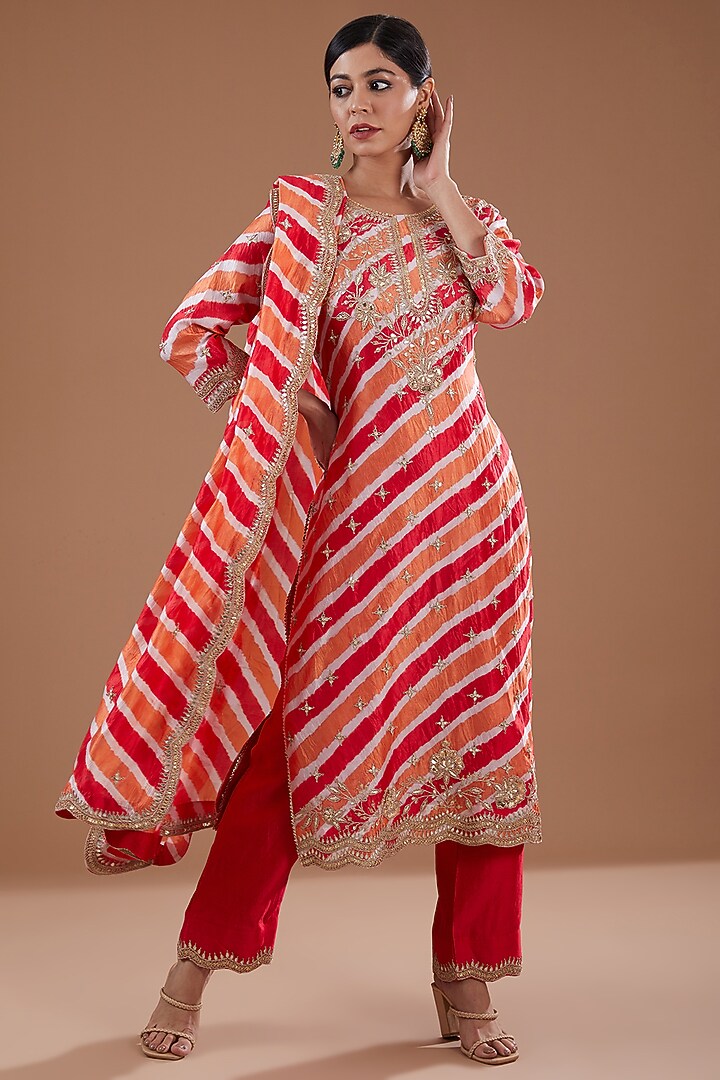 Orange & Red Pure Cora Silk Mukaish Kurta Set by SURBHI SHAH at Pernia's Pop Up Shop