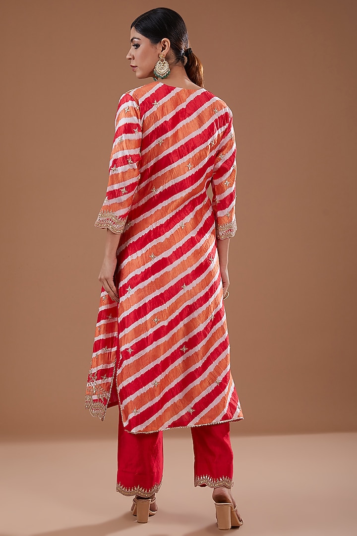 Orange & Red Pure Cora Silk Mukaish Kurta Set by SURBHI SHAH at Pernia's Pop Up Shop