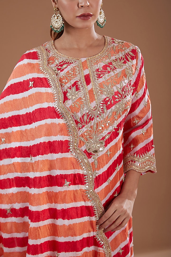 Orange & Red Pure Cora Silk Mukaish Kurta Set by SURBHI SHAH at Pernia's Pop Up Shop