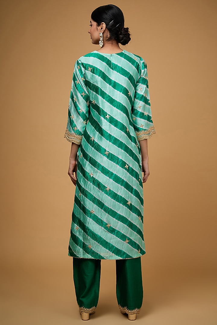 Emerald Green Pure Spun Silk Mukaish & Marori Work Leheriya Kurta Set by SURBHI SHAH at Pernia's Pop Up Shop