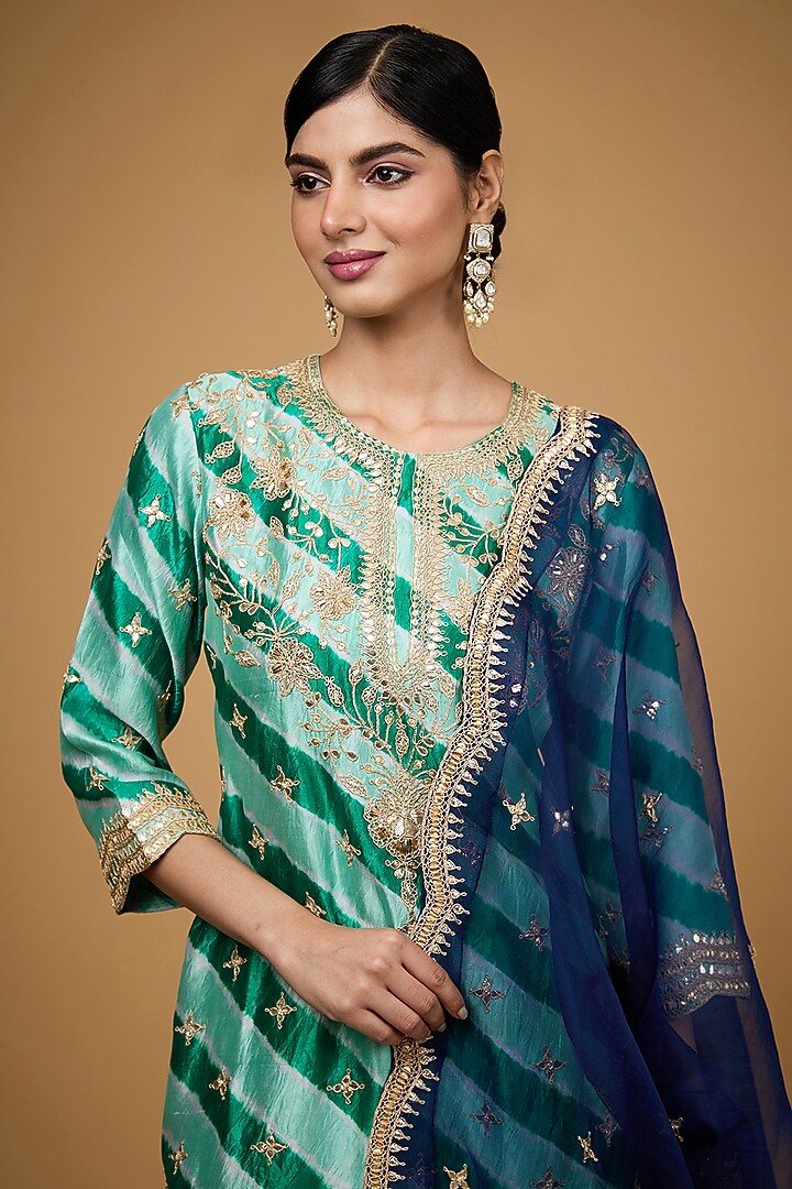 Emerald Green Pure Spun Silk Mukaish & Marori Work Leheriya Kurta Set by SURBHI SHAH at Pernia's Pop Up Shop