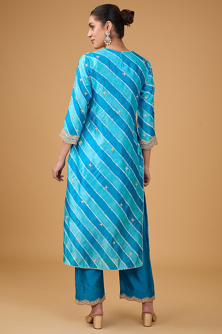 Turquoise Pure Spun Silk Mukaish & Marori Embroidered Leheriya Kurta Set by SURBHI SHAH at Pernia's Pop Up Shop