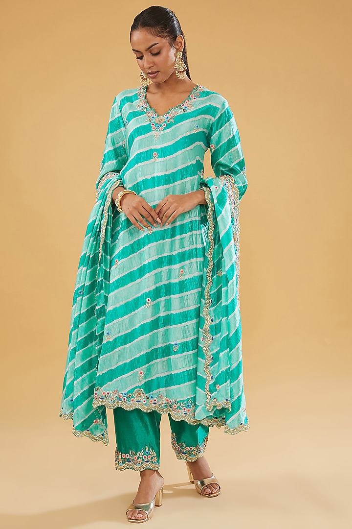 Sea Blue Pure Kora Silk Resham Embroidered Leheriya Kurta Set by SURBHI SHAH at Pernia's Pop Up Shop
