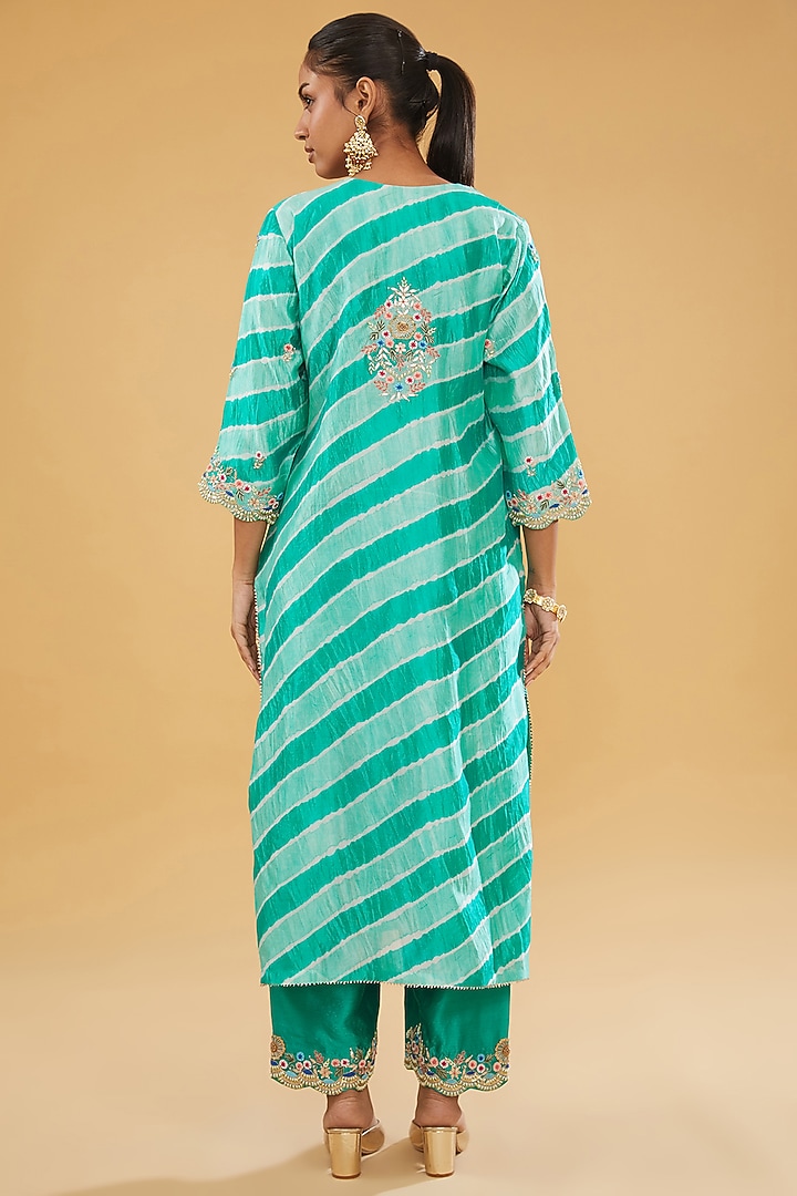 Sea Blue Pure Kora Silk Resham Embroidered Leheriya Kurta Set by SURBHI SHAH at Pernia's Pop Up Shop
