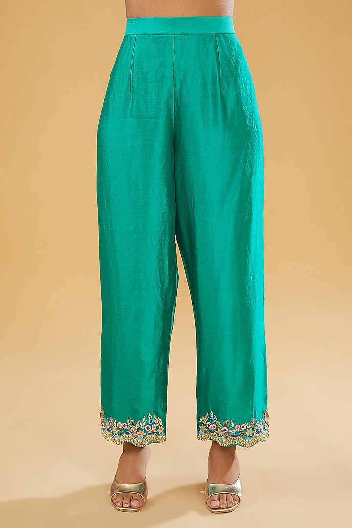 Sea Blue Pure Kora Silk Resham Embroidered Leheriya Kurta Set by SURBHI SHAH at Pernia's Pop Up Shop