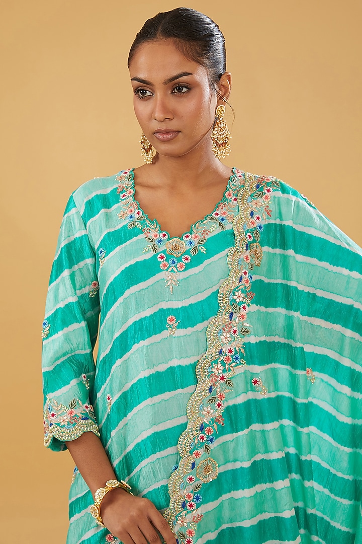 Sea Blue Pure Kora Silk Resham Embroidered Leheriya Kurta Set by SURBHI SHAH at Pernia's Pop Up Shop