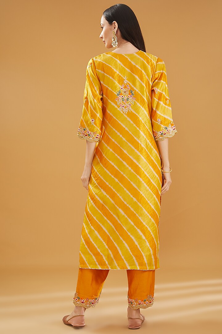 Yellow Pure Kora Silk Resham Embroidered Kurta Set by SURBHI SHAH at Pernia's Pop Up Shop