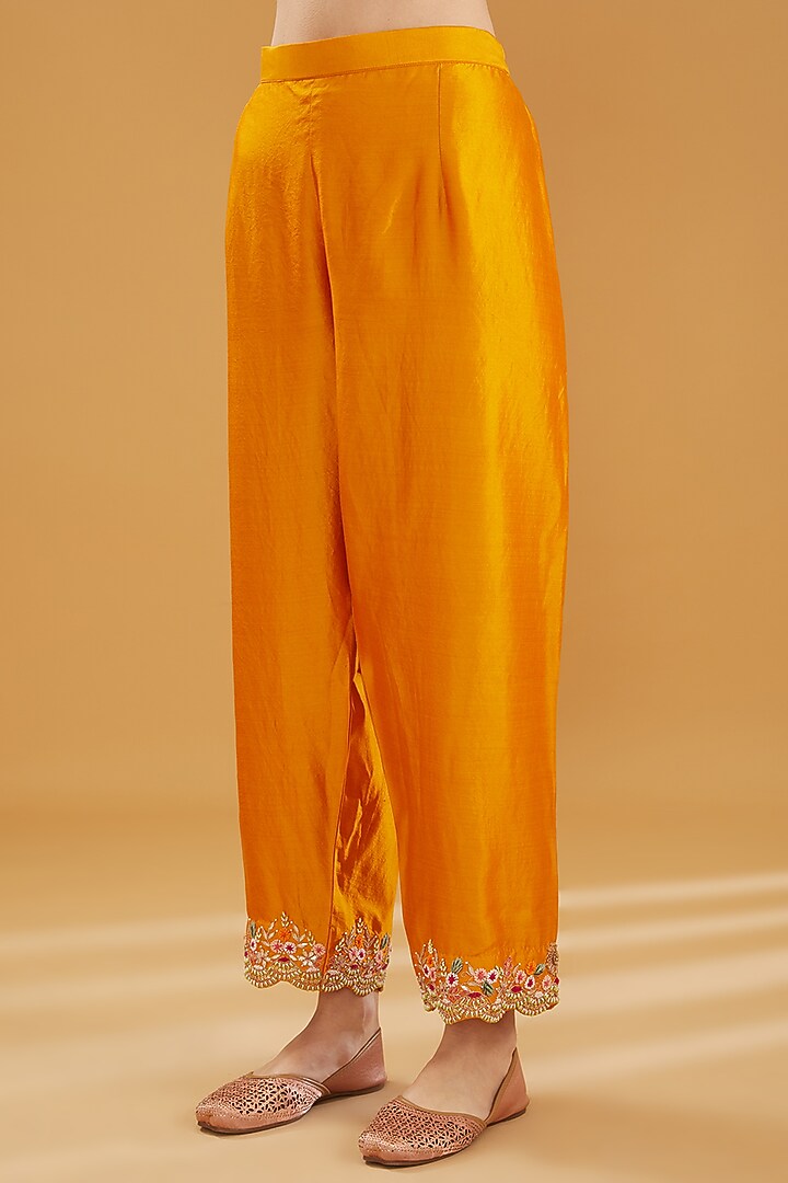 Yellow Pure Kora Silk Resham Embroidered Kurta Set by SURBHI SHAH at Pernia's Pop Up Shop