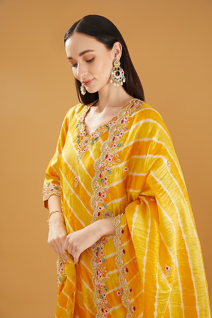Yellow Pure Kora Silk Resham Embroidered Kurta Set by SURBHI SHAH at Pernia's Pop Up Shop