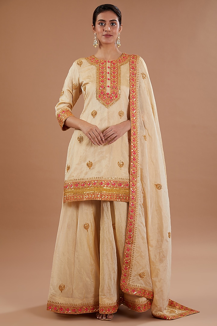Golden Tissue Marori Embroidered Wedding Sharara Set by SURBHI SHAH at Pernia's Pop Up Shop