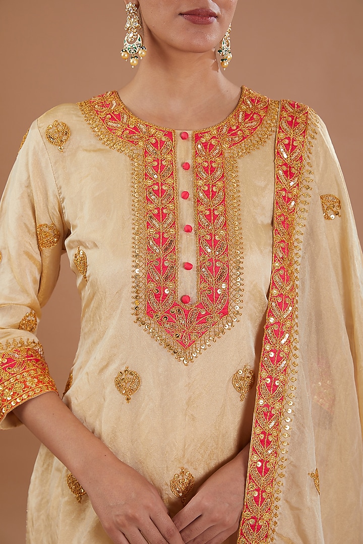 Golden Tissue Marori Embroidered Wedding Sharara Set by SURBHI SHAH at Pernia's Pop Up Shop