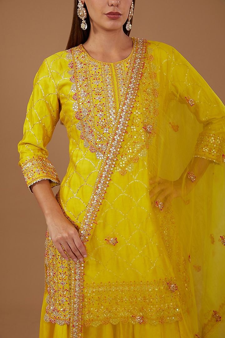 Yellow Pure Spun Silk Wedding Sharara Set by SURBHI SHAH at Pernia's Pop Up Shop