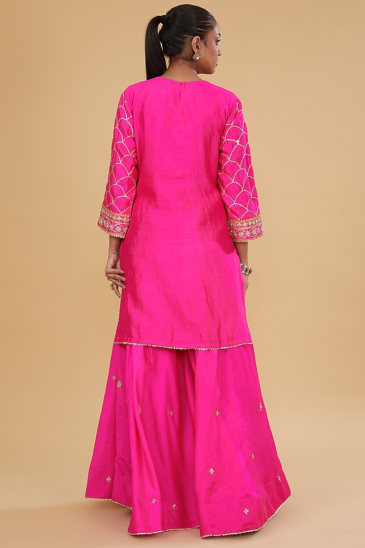 Hot Pink Pure Spun Silk Wedding Sharara Set by SURBHI SHAH at Pernia's Pop Up Shop