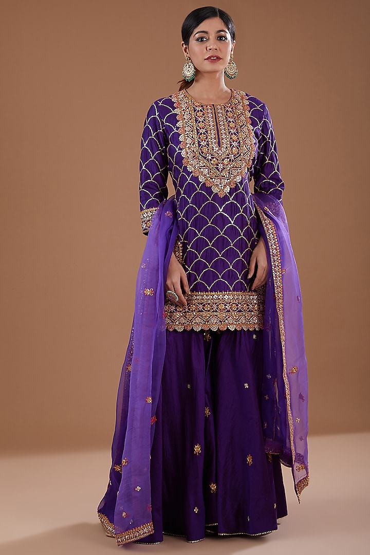 Purple Pure Spun Silk Sequins & Marori Kurta Set by SURBHI SHAH at Pernia's Pop Up Shop