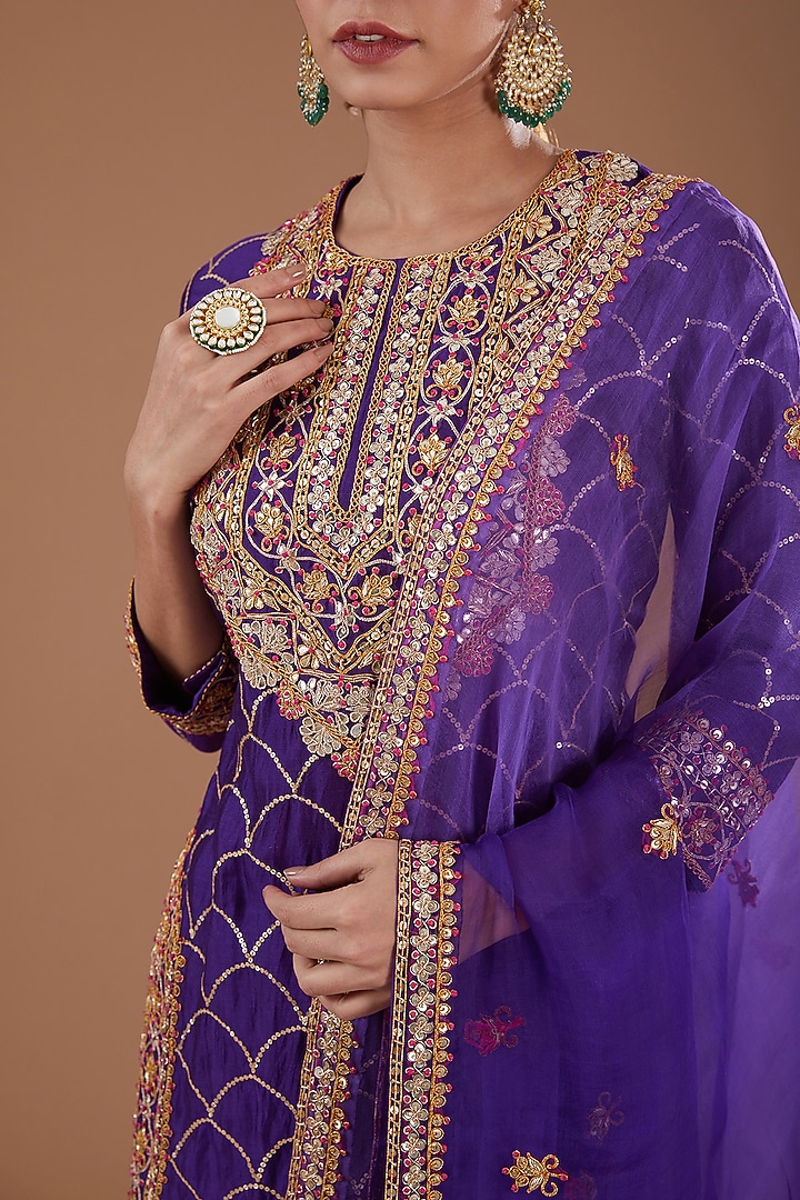 Purple Pure Spun Silk Sequins & Marori Kurta Set by SURBHI SHAH at Pernia's Pop Up Shop