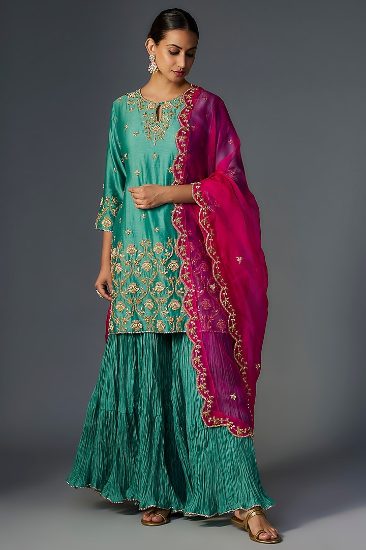 Sea Blue Pure Chanderi Marori Embroidered Crushed Wedding Sharara Set by SURBHI SHAH at Pernia's Pop Up Shop
