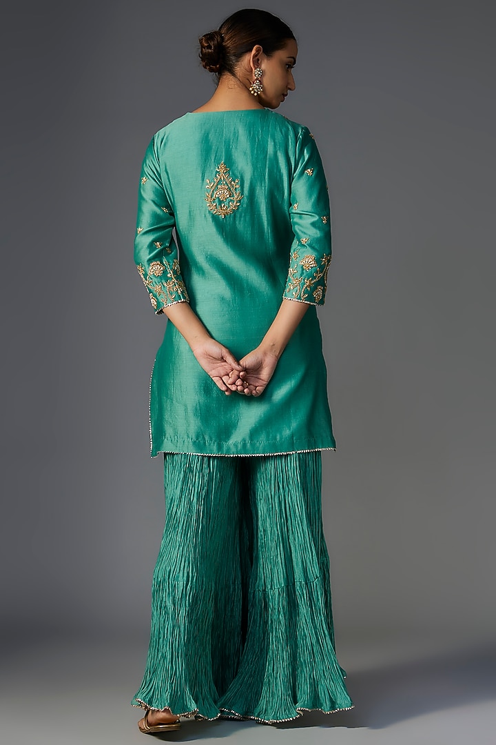 Sea Blue Pure Chanderi Marori Embroidered Crushed Wedding Sharara Set by SURBHI SHAH at Pernia's Pop Up Shop