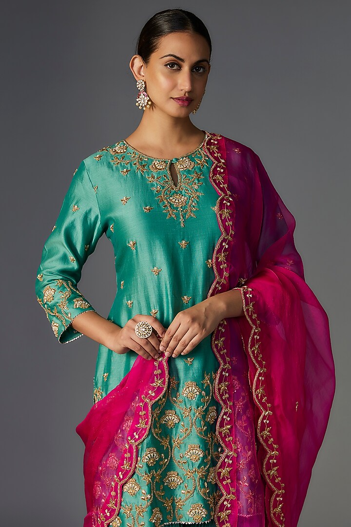 Sea Blue Pure Chanderi Marori Embroidered Crushed Wedding Sharara Set by SURBHI SHAH at Pernia's Pop Up Shop