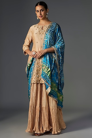 Champagne Pure Chanderi Marori Embroidered Crushed Sharara Set by SURBHI SHAH