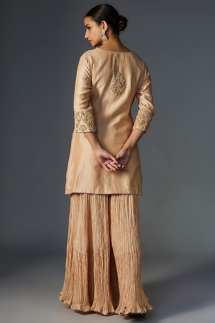 Champagne Pure Chanderi Marori Embroidered Crushed Wedding Sharara Set by SURBHI SHAH at Pernia's Pop Up Shop
