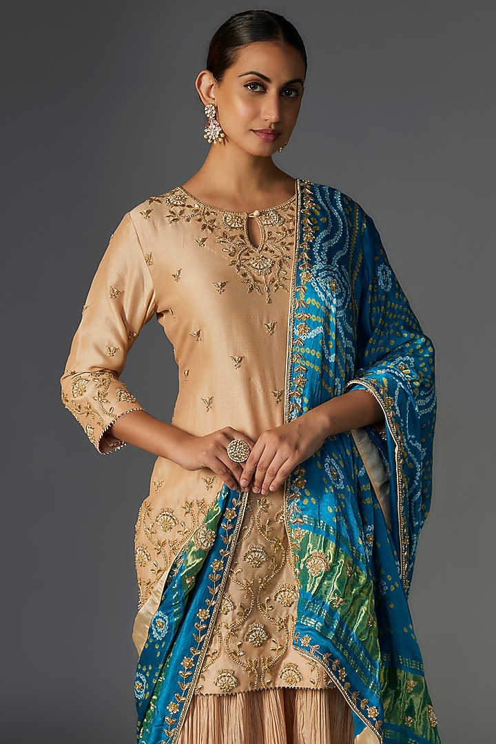 Champagne Pure Chanderi Marori Embroidered Crushed Wedding Sharara Set by SURBHI SHAH at Pernia's Pop Up Shop