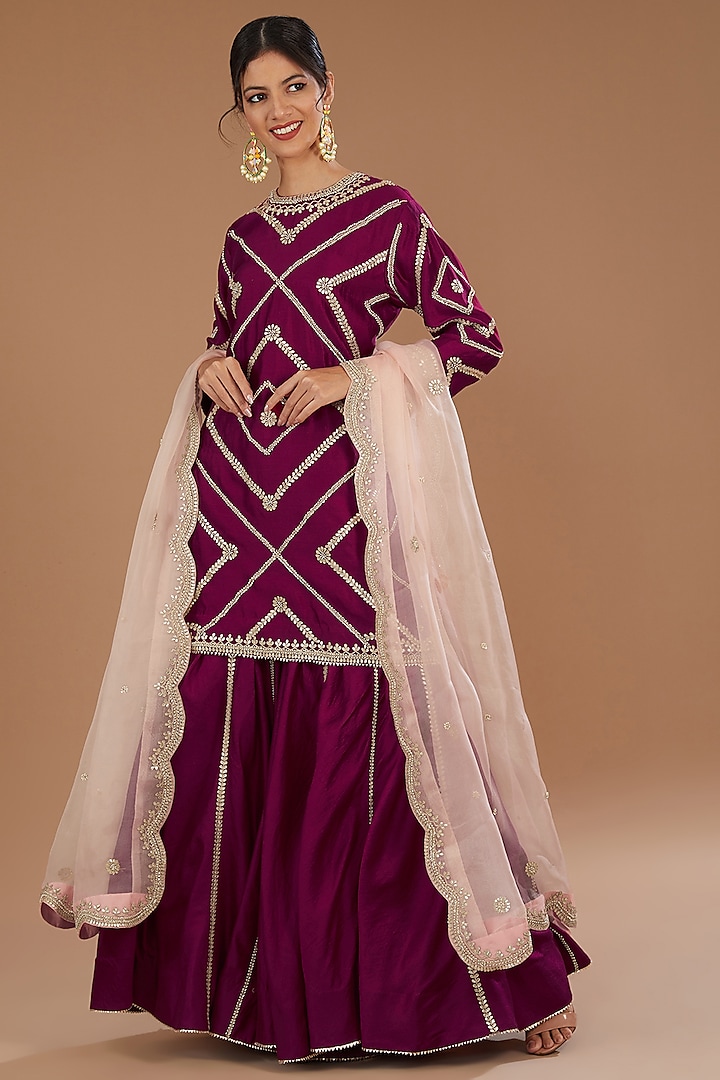 Magenta Pure Spun Silk Gota Patti Embroidered Wedding Sharara Set by SURBHI SHAH at Pernia's Pop Up Shop