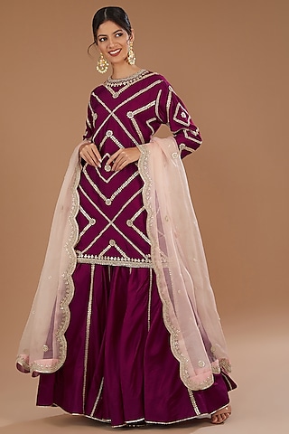 Magenta Pure Spun Silk Gota Patti Embroidered Sharara Set by SURBHI SHAH