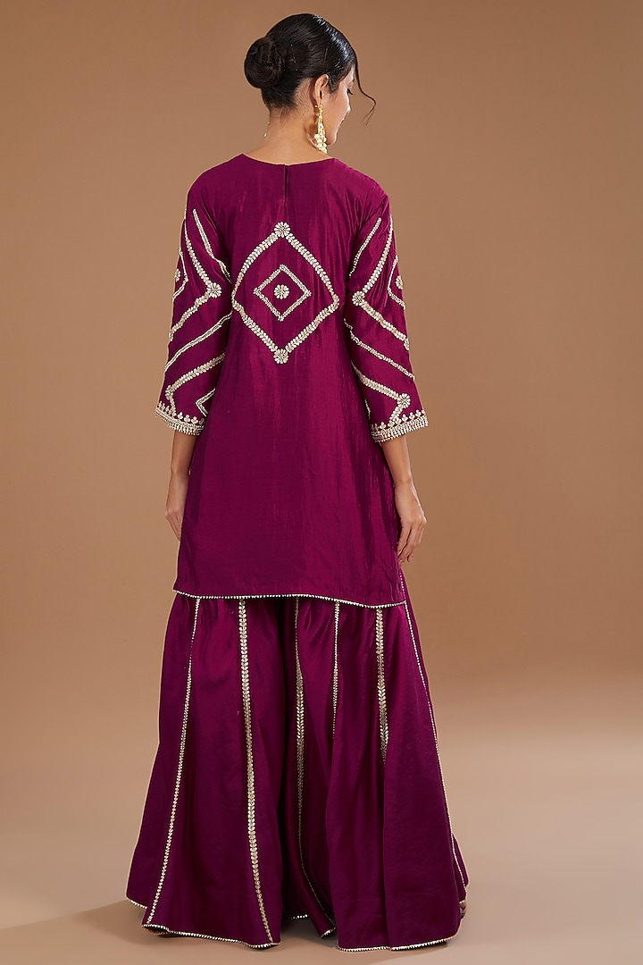 Magenta Pure Spun Silk Gota Patti Embroidered Wedding Sharara Set by SURBHI SHAH at Pernia's Pop Up Shop