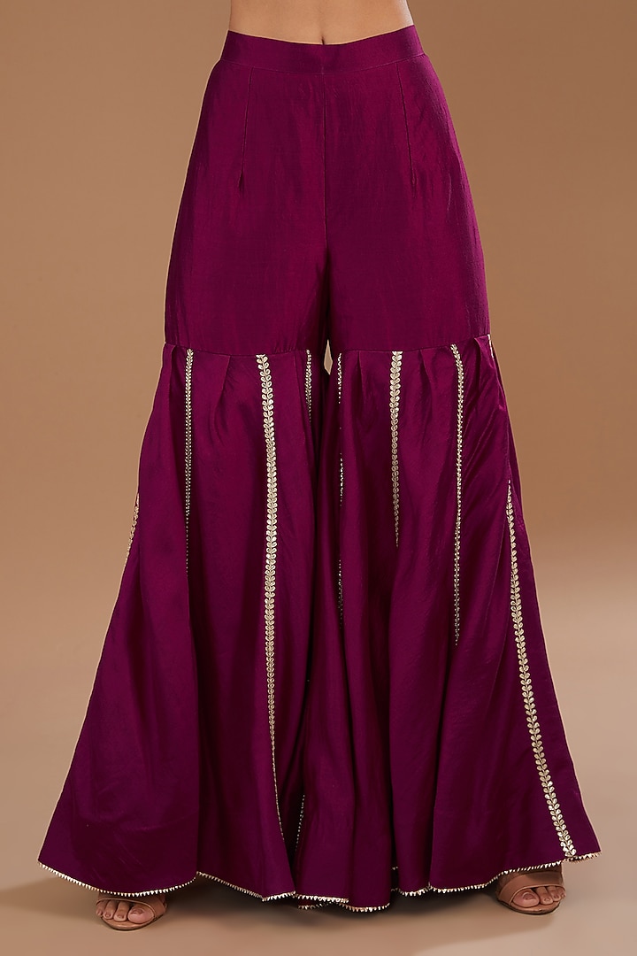 Magenta Pure Spun Silk Gota Patti Embroidered Wedding Sharara Set by SURBHI SHAH at Pernia's Pop Up Shop