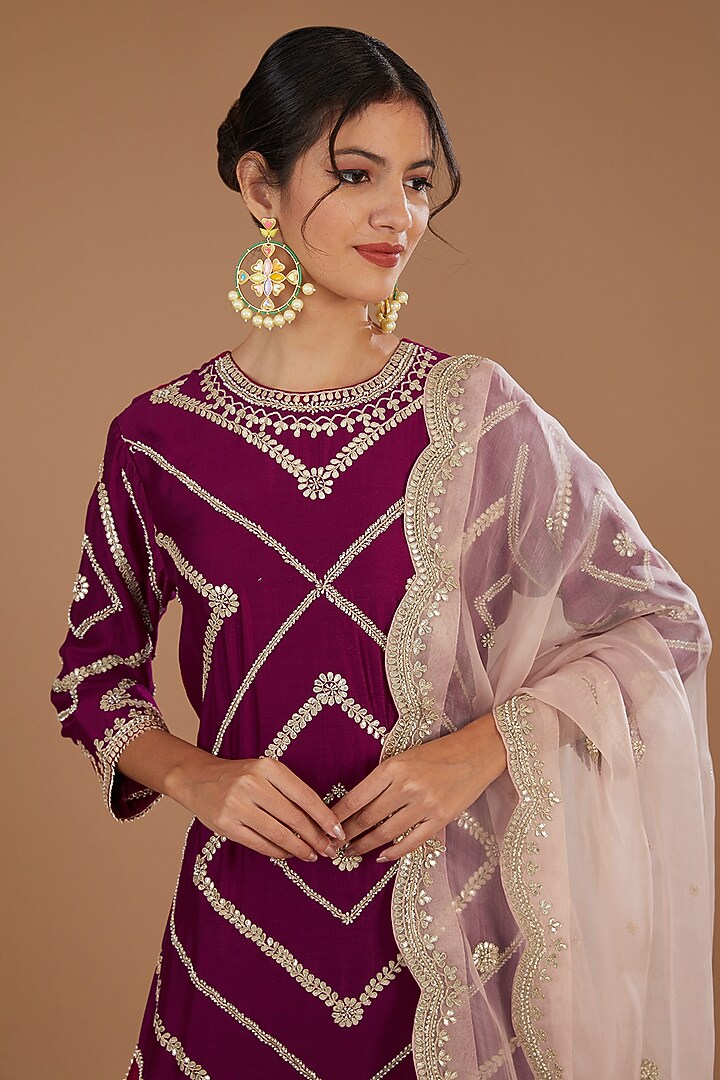 Magenta Pure Spun Silk Gota Patti Embroidered Wedding Sharara Set by SURBHI SHAH at Pernia's Pop Up Shop