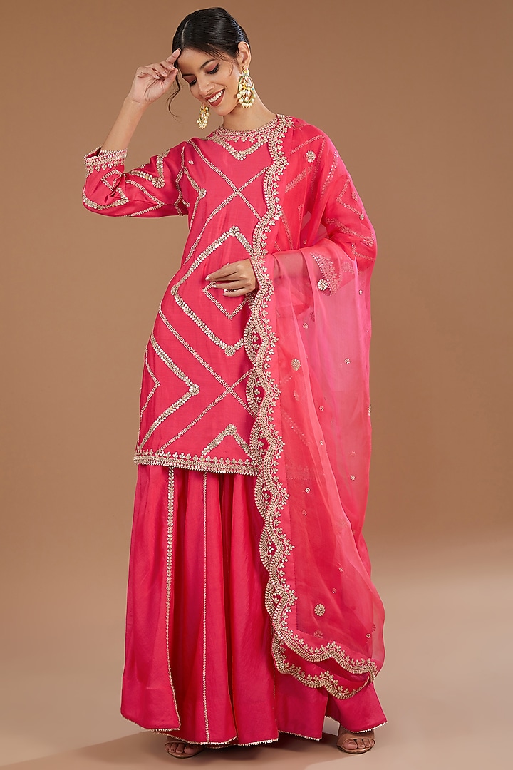 Red Pure Spun Silk Gota Patti Embroidered Wedding Sharara Set by SURBHI SHAH at Pernia's Pop Up Shop