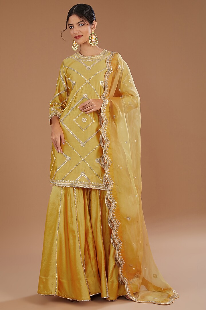 Yellow Pure Spun Silk Gota Patti Embroidered Wedding Sharara Set by SURBHI SHAH at Pernia's Pop Up Shop