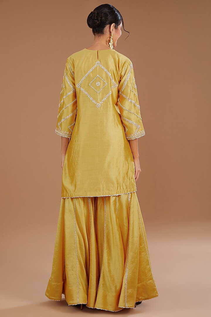 Yellow Pure Spun Silk Gota Patti Embroidered Wedding Sharara Set by SURBHI SHAH at Pernia's Pop Up Shop